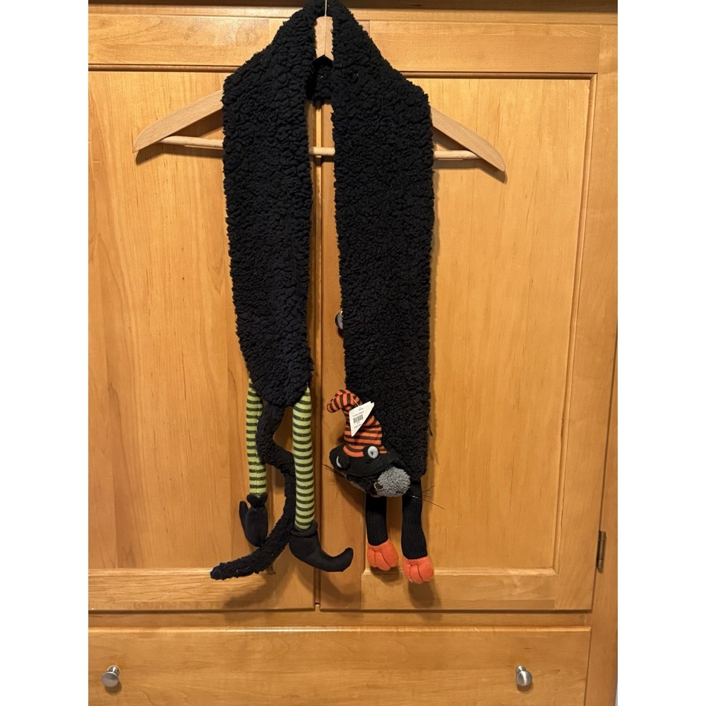 HALLOWEEN Whimsical Plush Black Cat Scarf Witches Boots Stripped Hat NWT